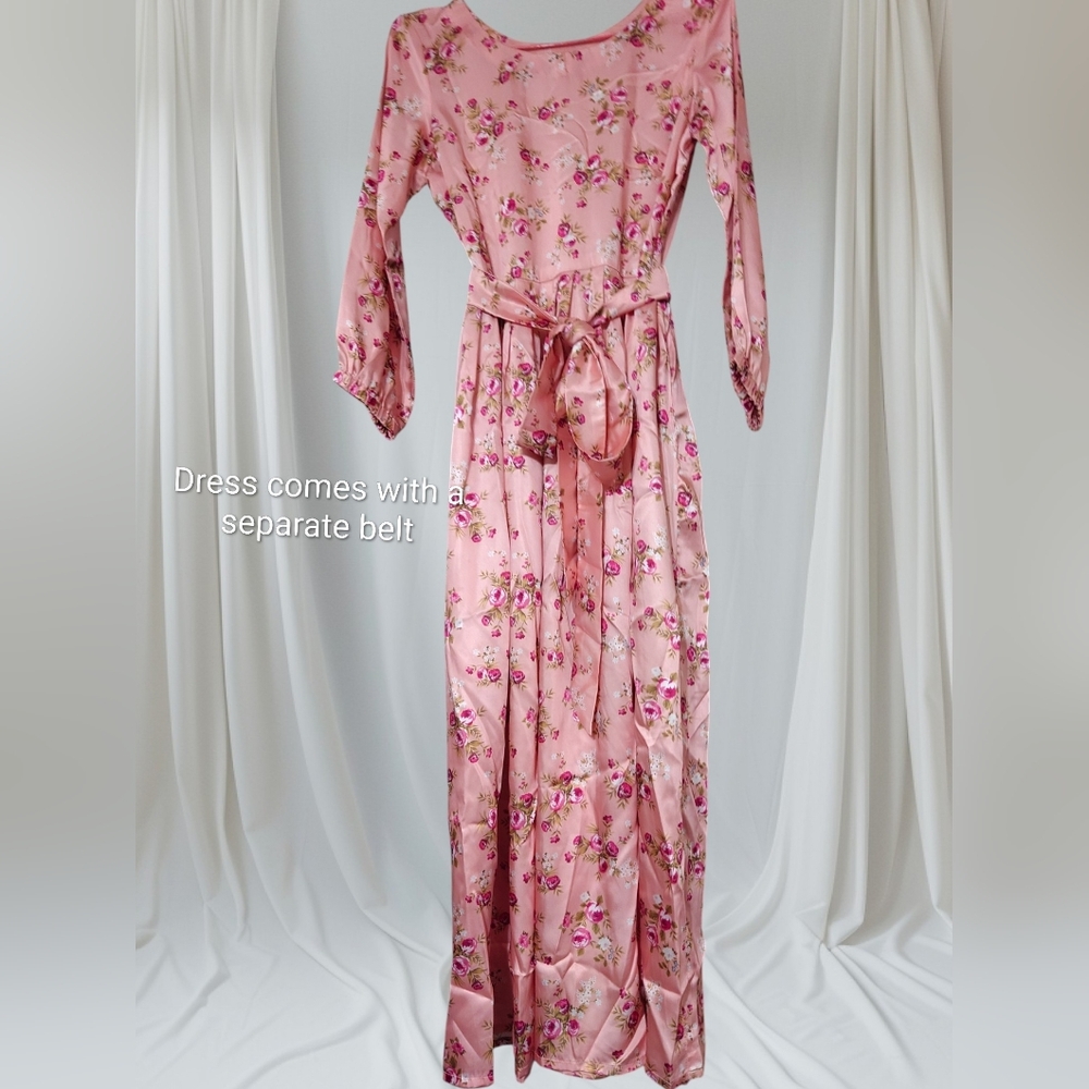 Silk Floral Dusky Peach Pink Women's Maxi Dress With Pleates